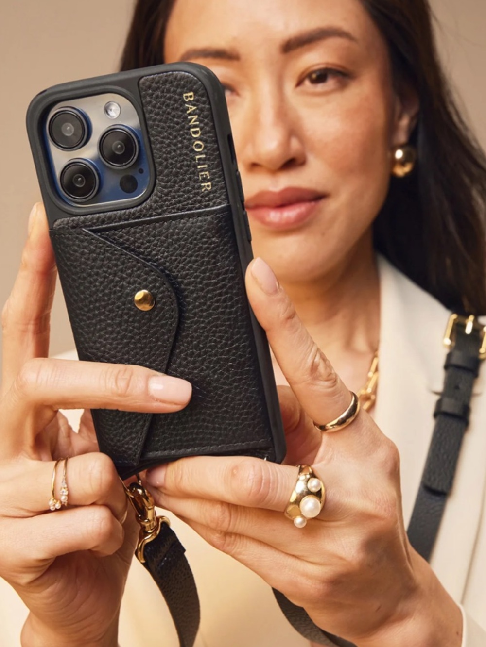 iPhone 16 Bandolier Black Leather Crossbody Phone Case with Gold Accent